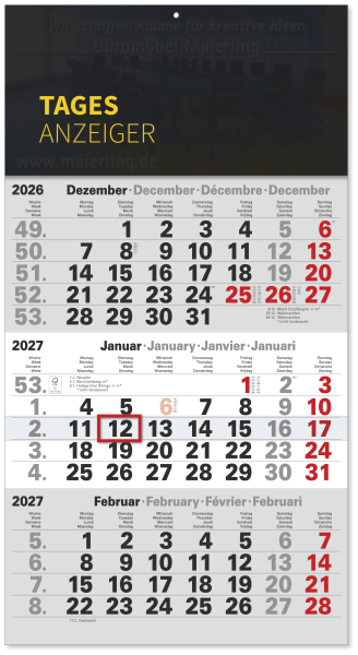 3-Monatskalender Tagesanzeiger gelb