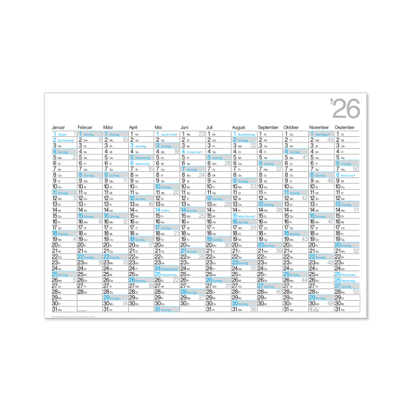 Plakatkalender 12 Monate, Schweiz blaue Ausführung